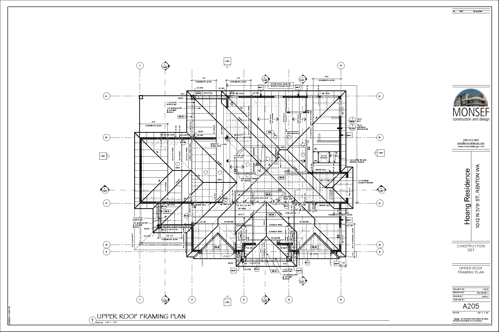 Hoang Residence Sheet A205 UPPER ROOF FRAMING PLAN